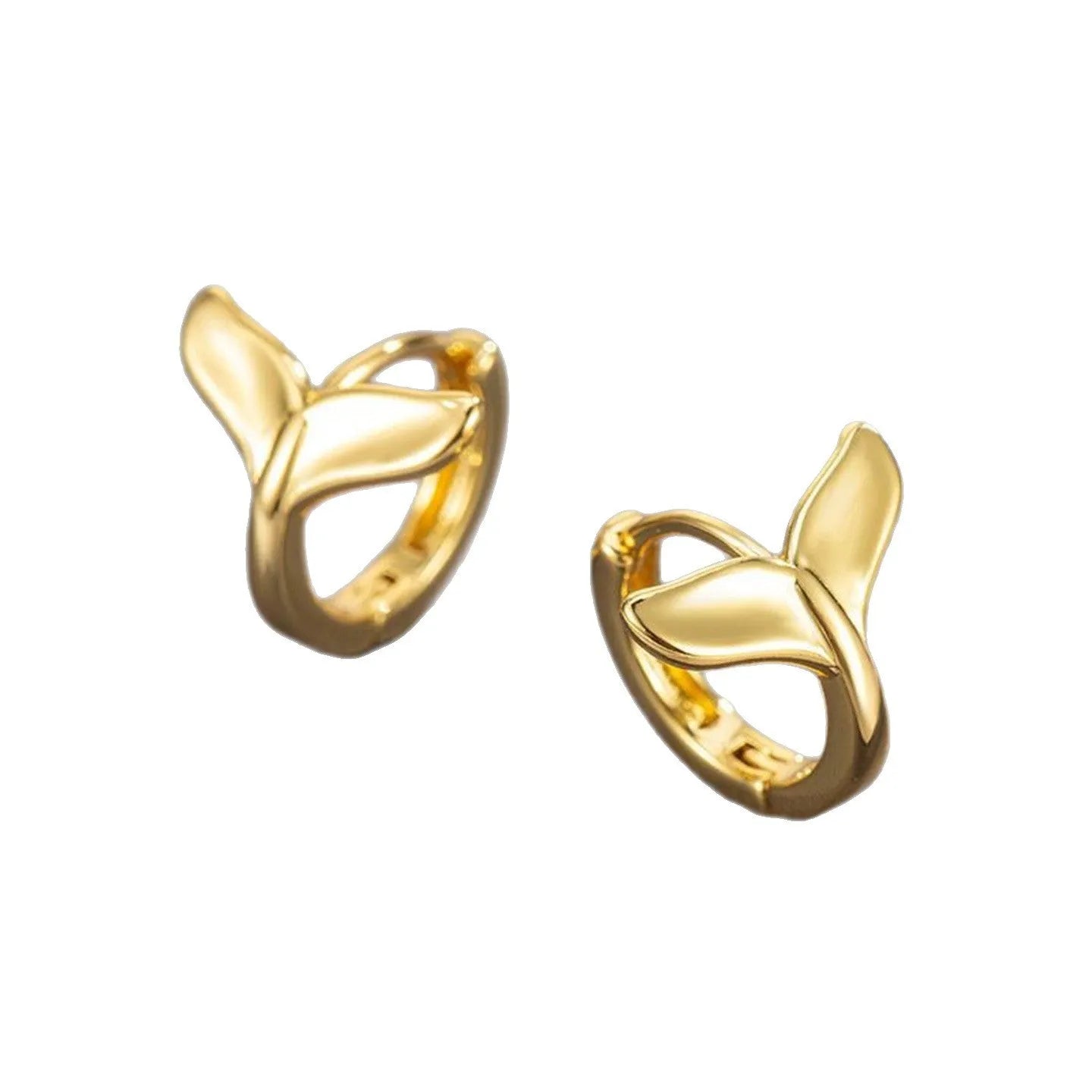 A pair of women's fishtail design earrings in copper with a white gold or yellow gold electroplated finish.