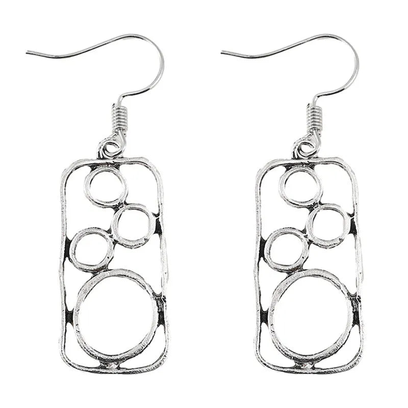 Geometric ring earrings in antique silver colour with irregular square and round shapes