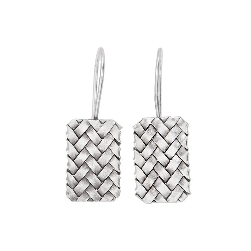 Silver geometric woven plaid earrings for women, made from 925 sterling silver.