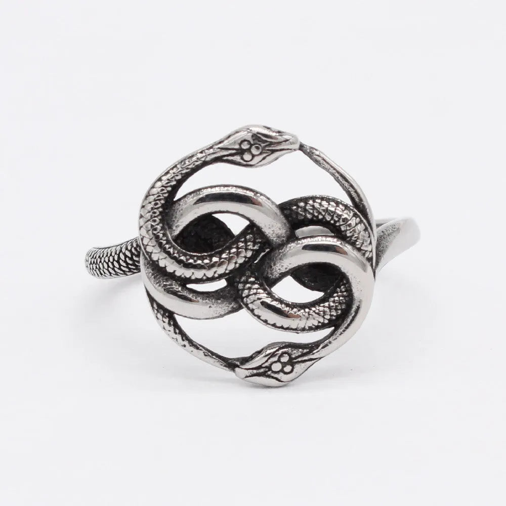 Titanium steel double snake ring with retro design in steel colour on size chart