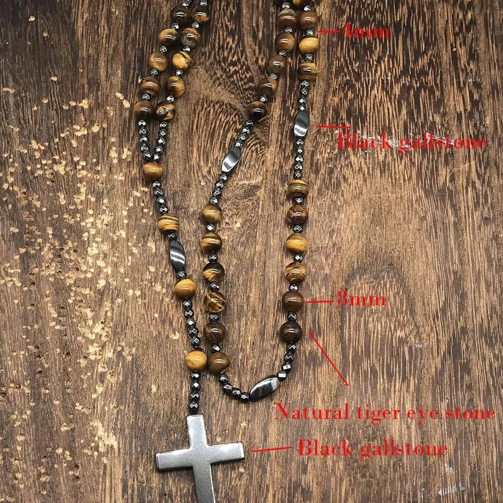 Men's stone cross pendant necklace on an 80cm ball bead chain with safety lock