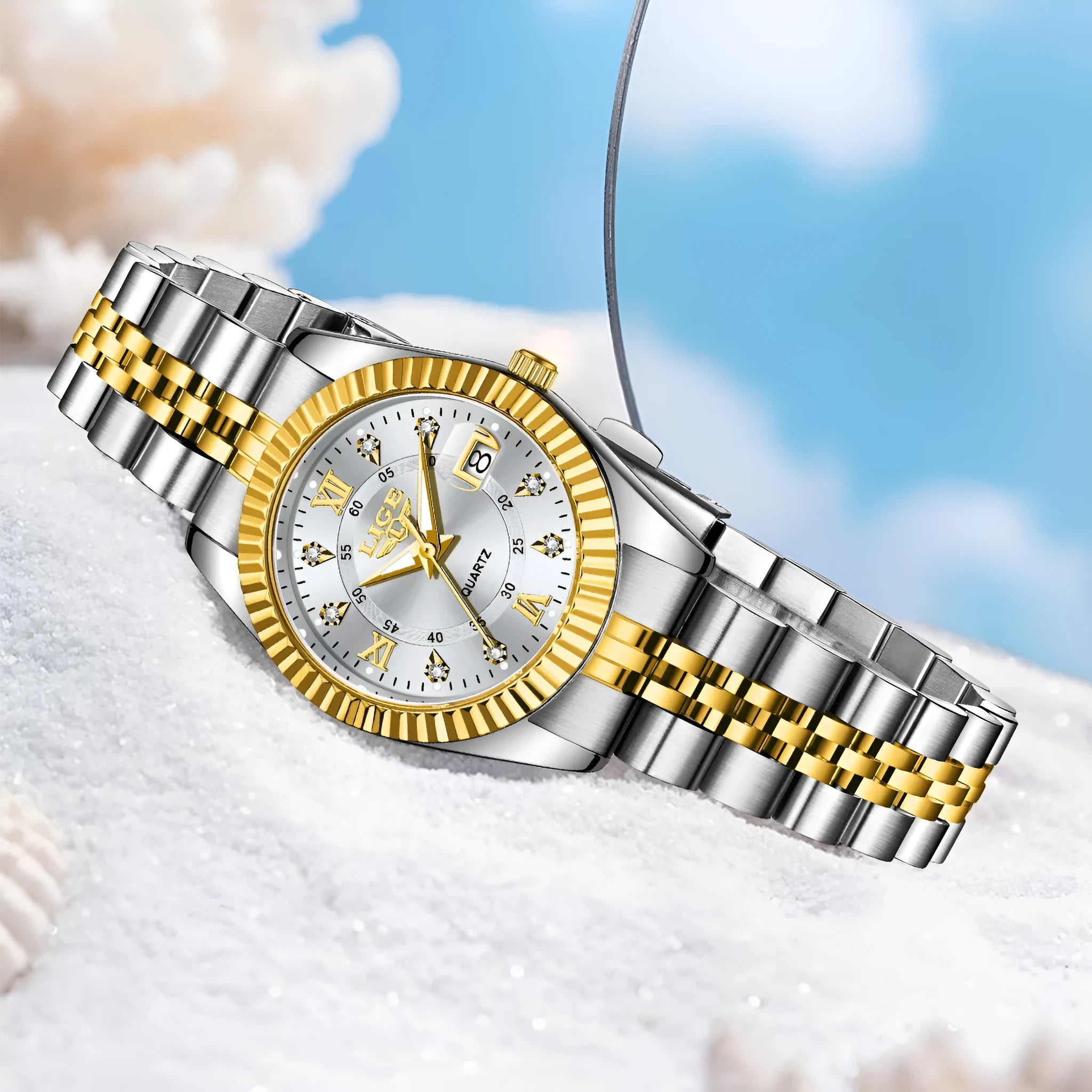 Women's waterproof quartz fashion watch showing gold and silver colour variations with 10mm thickness