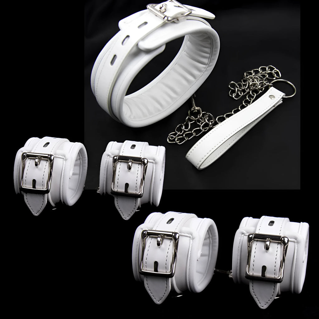 White PU sponge bondage kit showing handcuffs, foot cuffs, and a neck cuff for adult restraint play.