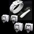 White PU sponge bondage kit showing handcuffs, foot cuffs, and a neck cuff for adult restraint play.