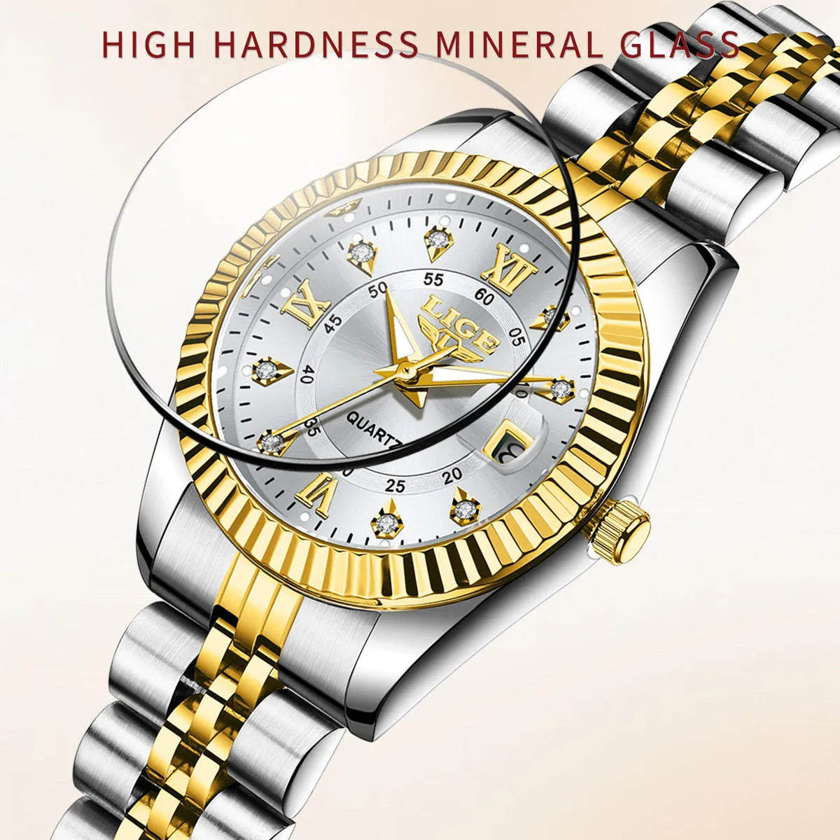 Women's waterproof quartz fashion watch showing gold and silver colour variations with 10mm thickness