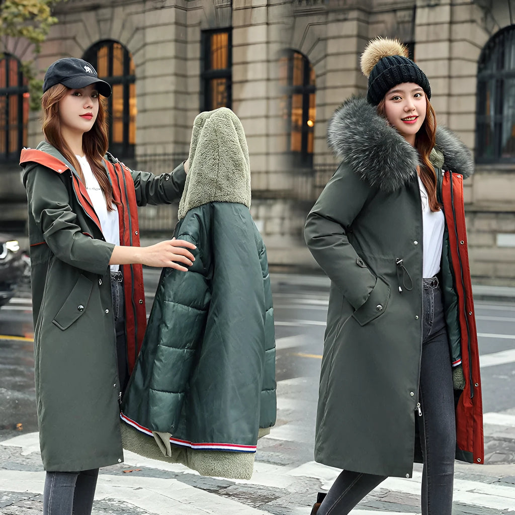 Women's long trench coat in bean green colour with fleece lining and down cotton filler