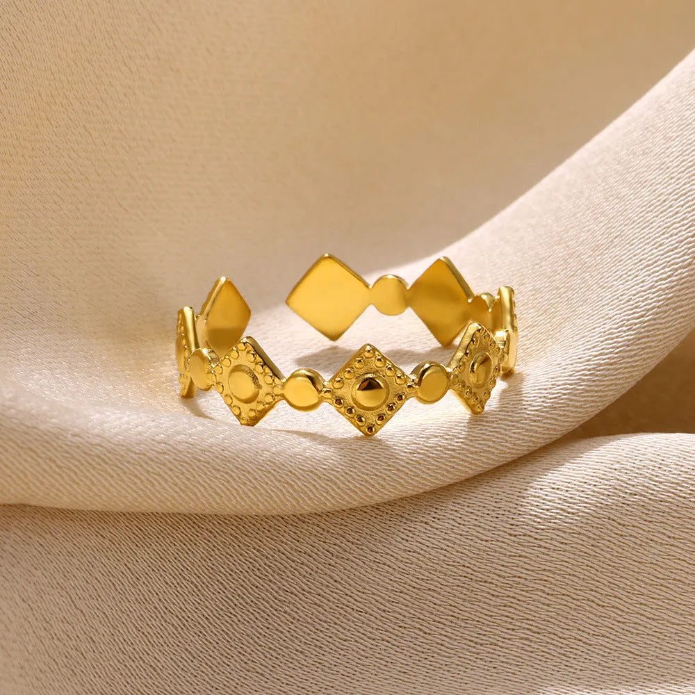 Geometric titanium steel gold diamond ring with free size fit