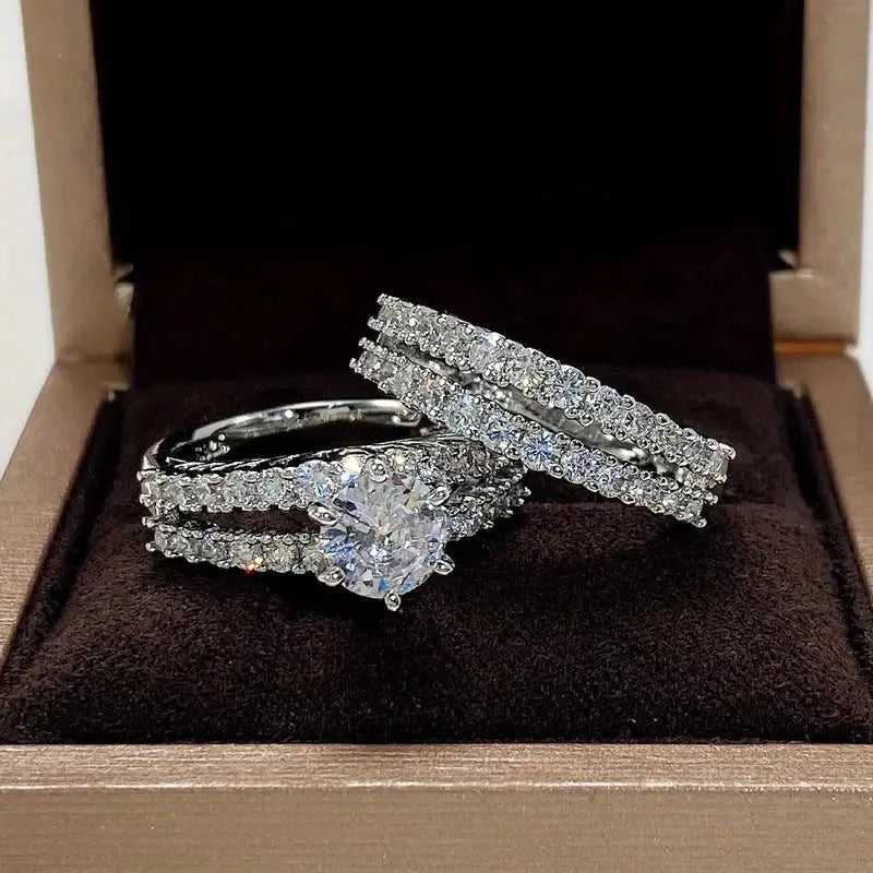 2-in-1 fully-jewelled women's fashion ring set in geometric shape with round elements