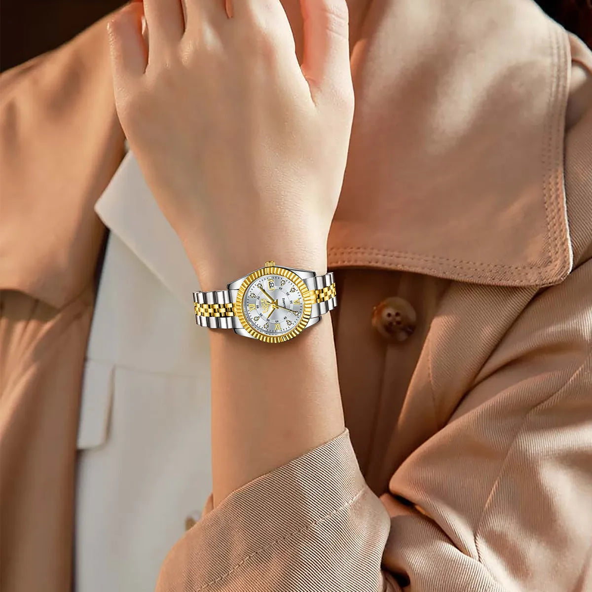 Women's waterproof quartz fashion watch showing gold and silver colour variations with 10mm thickness