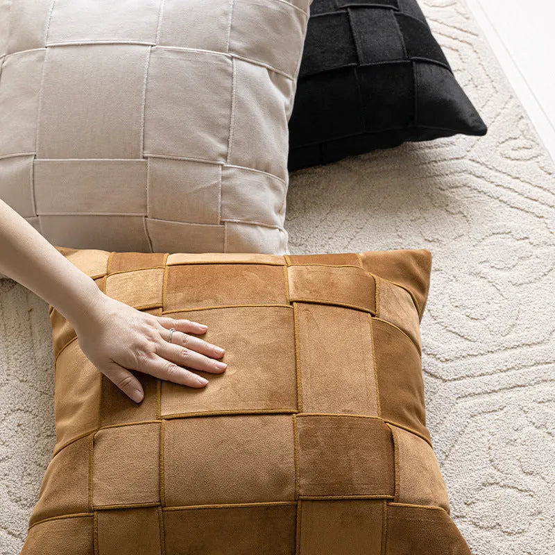 50x50cm square woven chenille pillow cushion on a sofa, shown in a beige colour option.