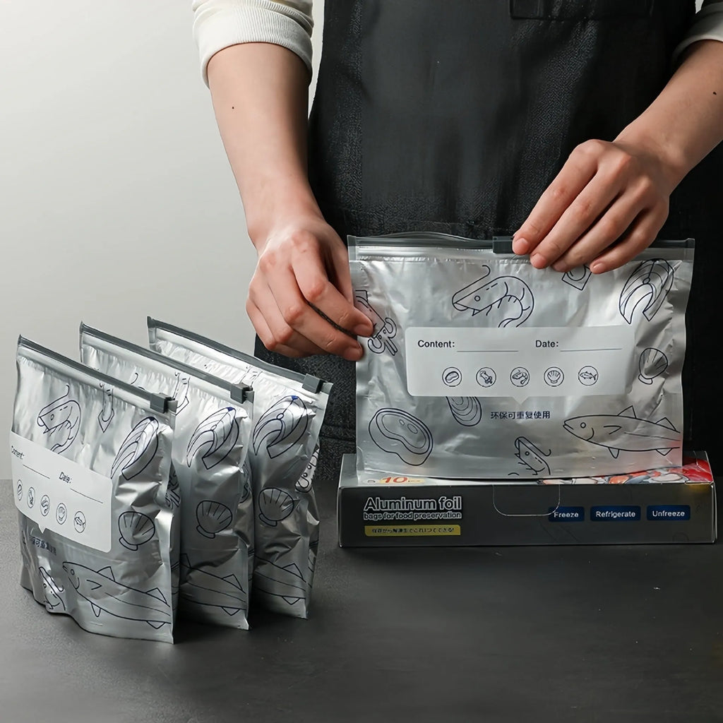 Pack of ten aluminium foil sealed storage bags in three different sizes on a white background.