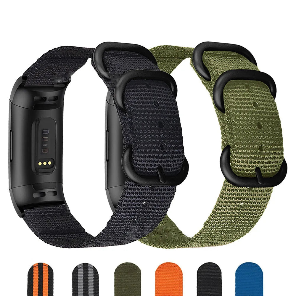 Nylon three-ring buckle replacement strap for Fitbit Charge fitness trackers in army green colour.