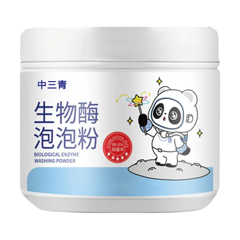 Bottle of biological enzyme bubble powder laundry detergent for down jackets and delicate fabrics.