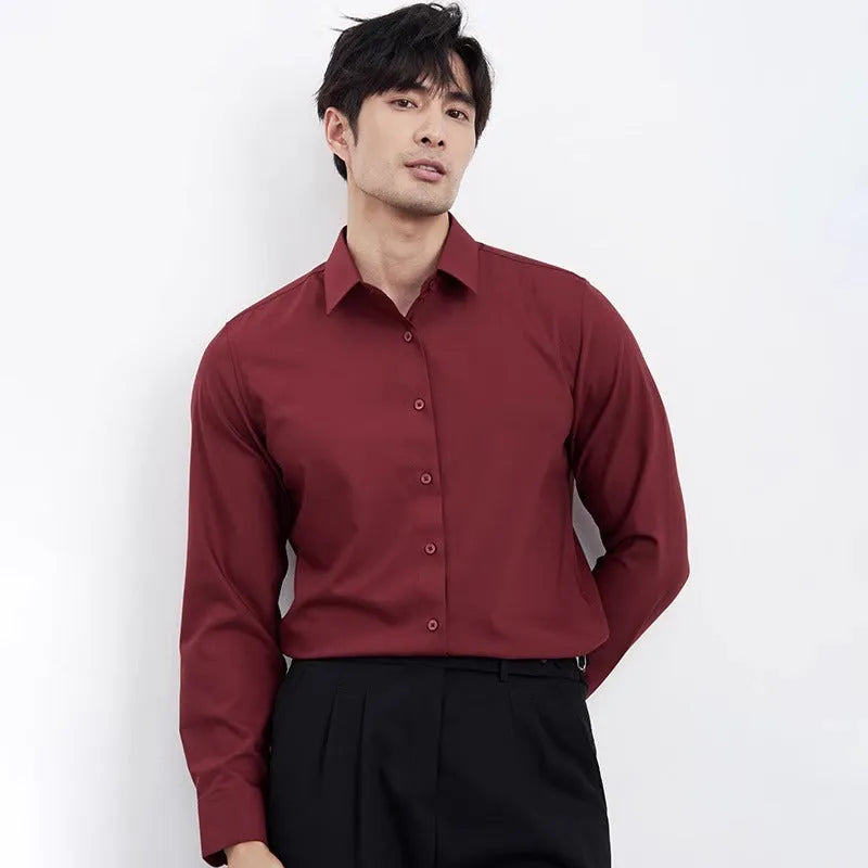 Men's wine red slim fit long sleeve business shirt on a hanger.