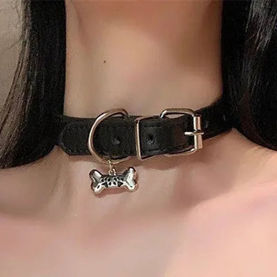Black leather dog collar with chain in three designs: LD leather, bone pattern, or cat paw pattern