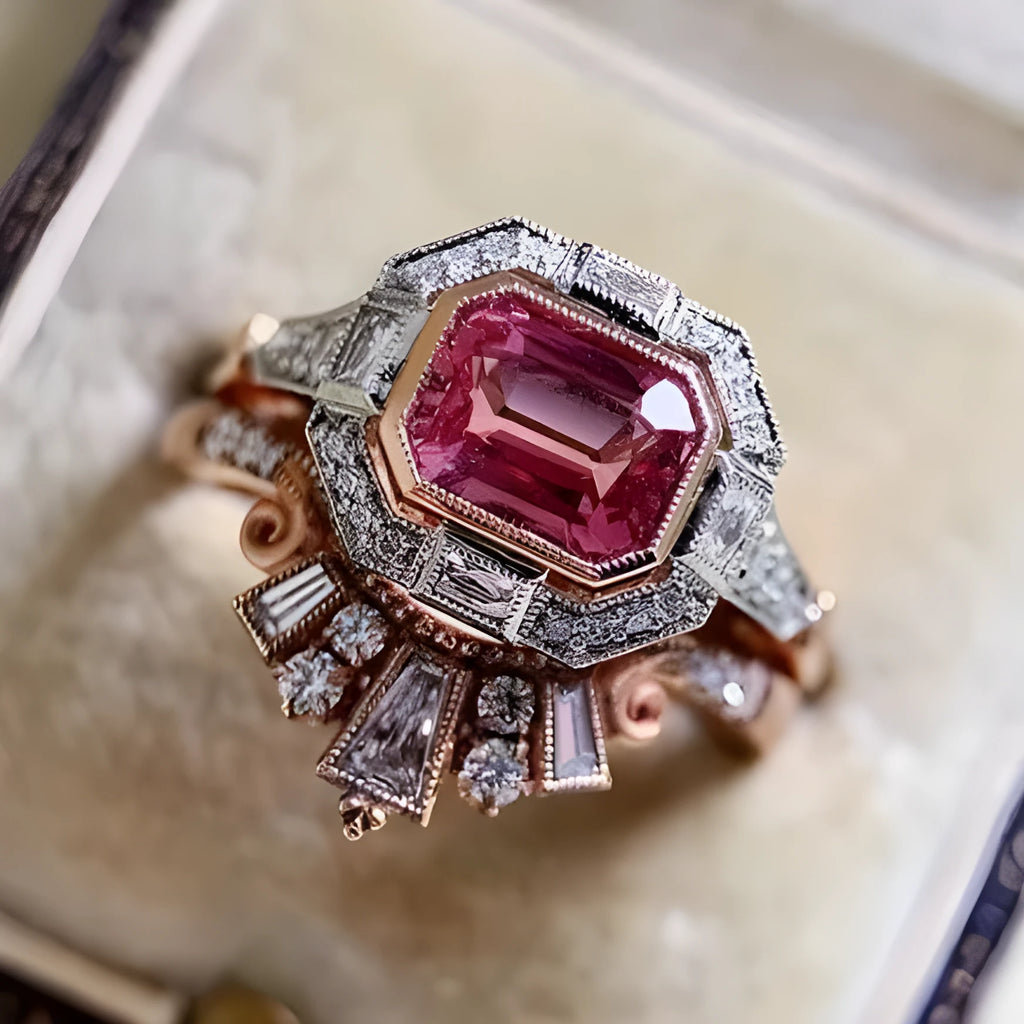 Women's retro style fashion ring with ruby design in rose gold alloy with geometric shape