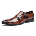 Men's black leather square toe casual shoes with metal accents on a rubber sole.
