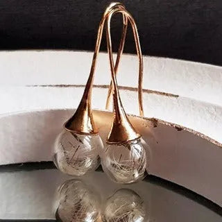 Transparent glass ball earrings with dandelion seed designs on French hooks in silver and bronze finishes