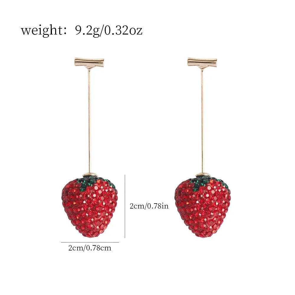 Geometric strawberry drop earrings for women in red zinc alloy with spot drill detail.