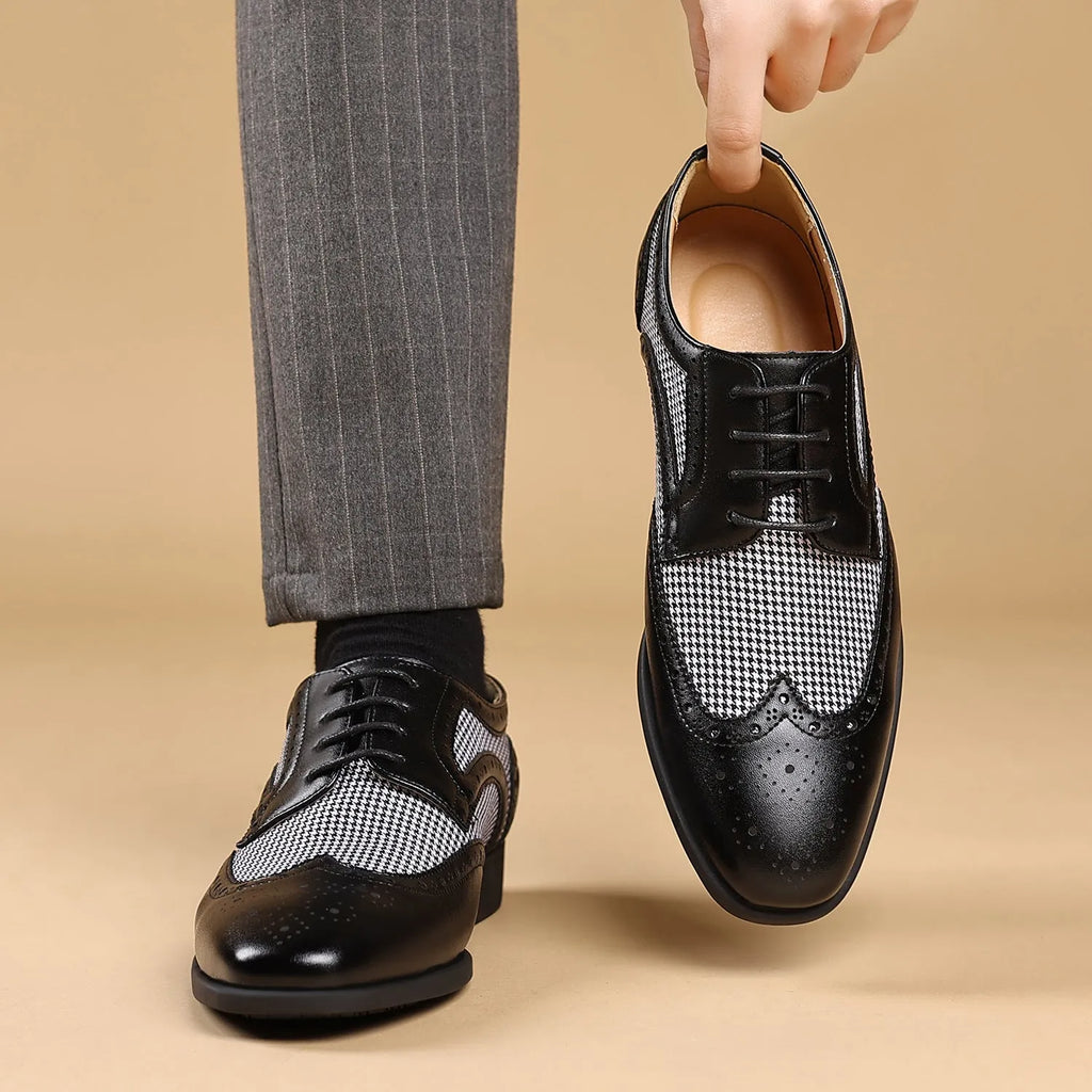 Men's black houndstooth pattern casual lace-up shoes with a rubber sole and square toe.
