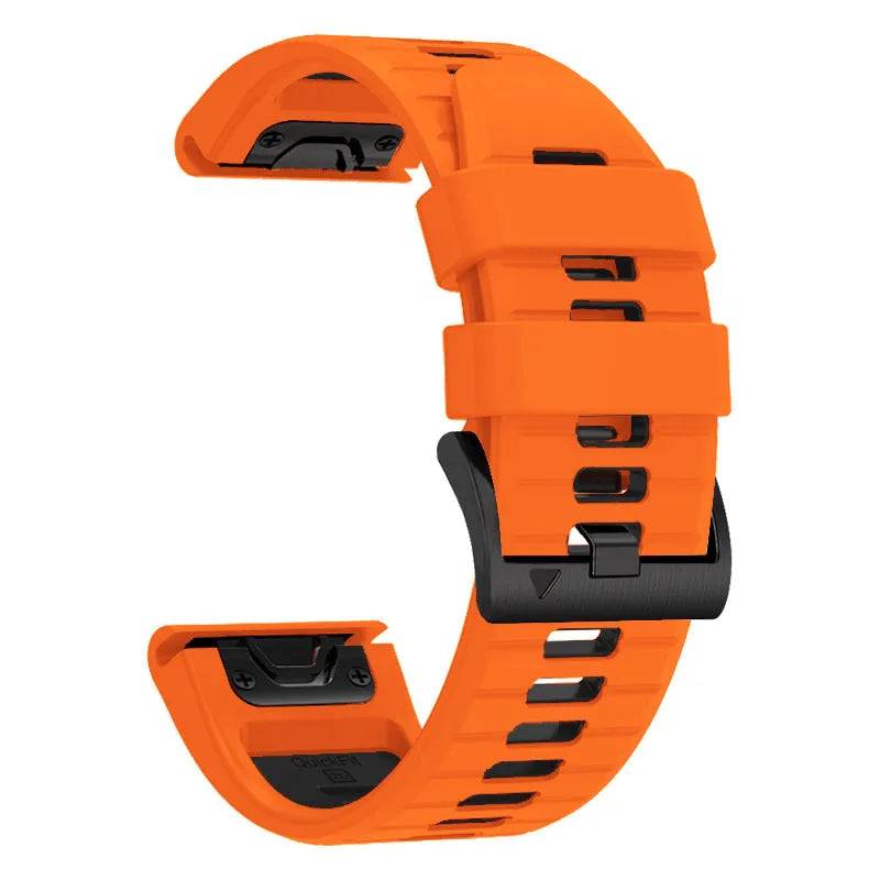 Two-colour quick-release silicone strap for Garmin Fenix watches in 22mm and 26mm widths.