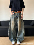 Men's retro blue distressed denim pants with wide leg cut and micro elasticity fabric