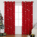 Red polyester snowflake pattern shade cloth curtain with lace loops hanging in modern interior setting