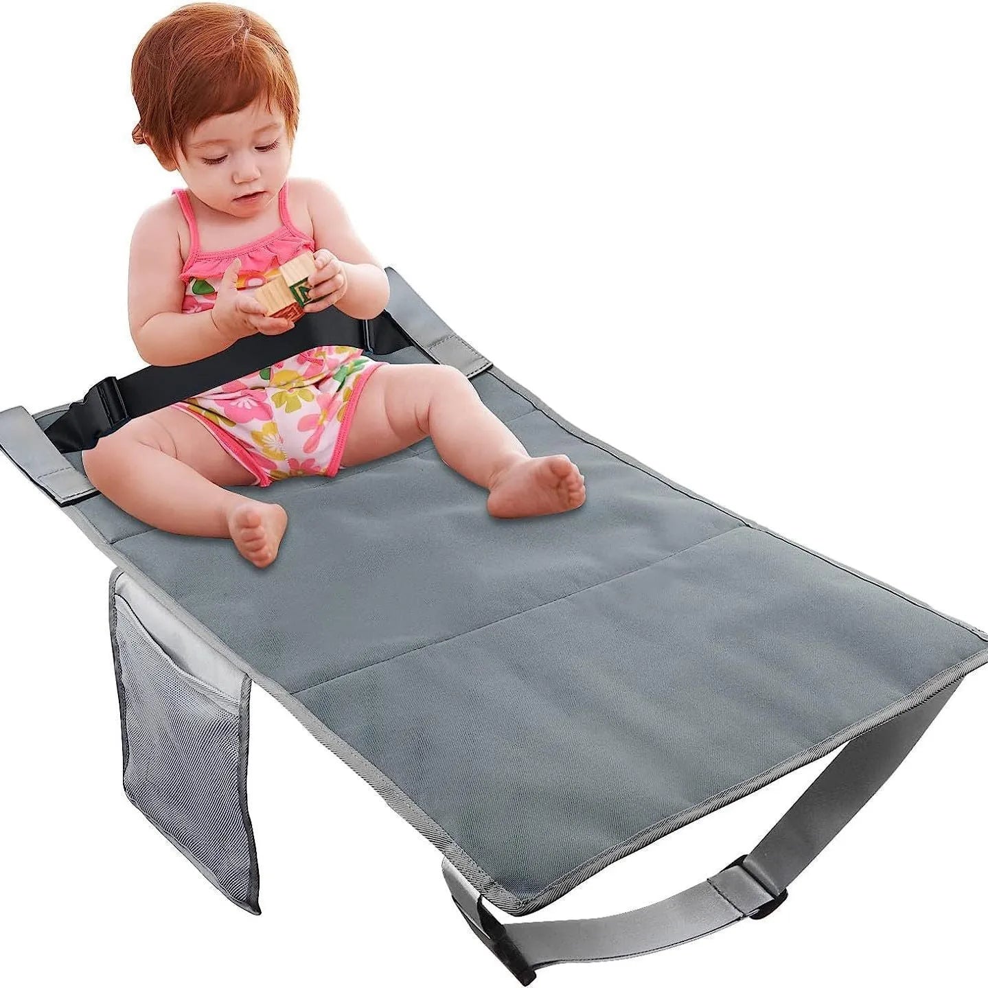 Portable children's aircraft pedal seat extender with drawstring storage pocket in blue