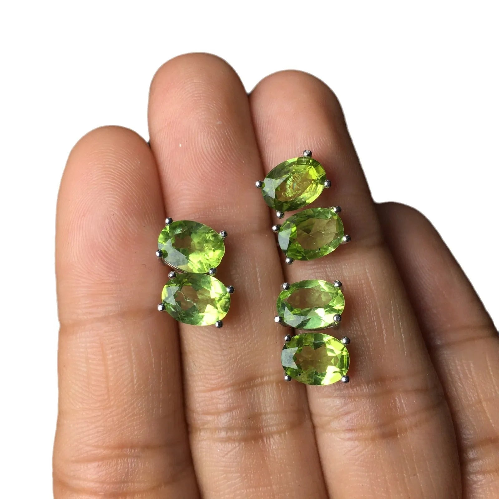 Natural olivine stud earrings with 6x8mm grass green faceted gemstone in S925 sterling silver