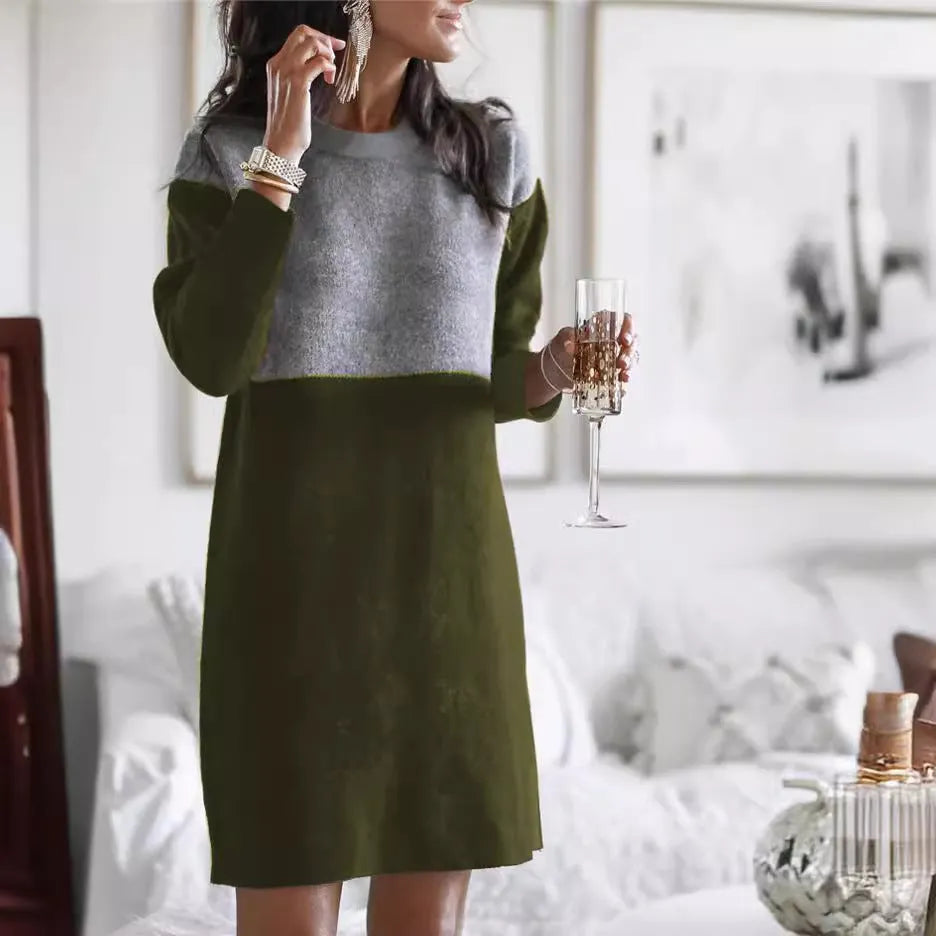 Brown women's long sleeve patchwork dress with round neck and loose princess skirt.