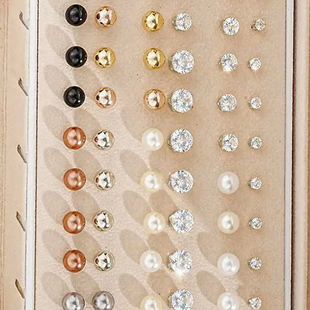 108 geometric pearl earrings with gold and yellow electroplated finishes on alloy construction