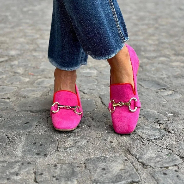 Green and rose red flat bottom loafers with metal fastener and round toe