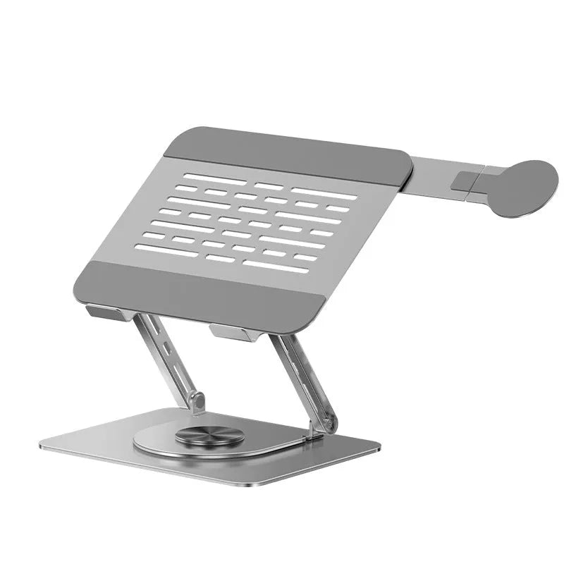 Silver carbon steel laptop stand with a rotating magnetic phone holder attached to the side