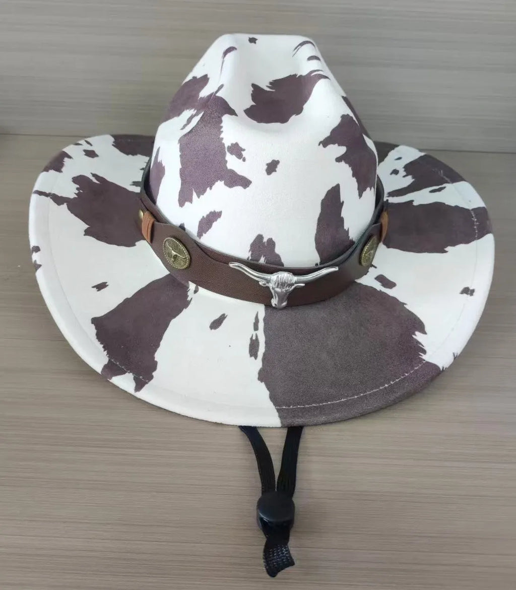 Brown leather velvet western cowboy hat with a curved brim on a wooden stand.
