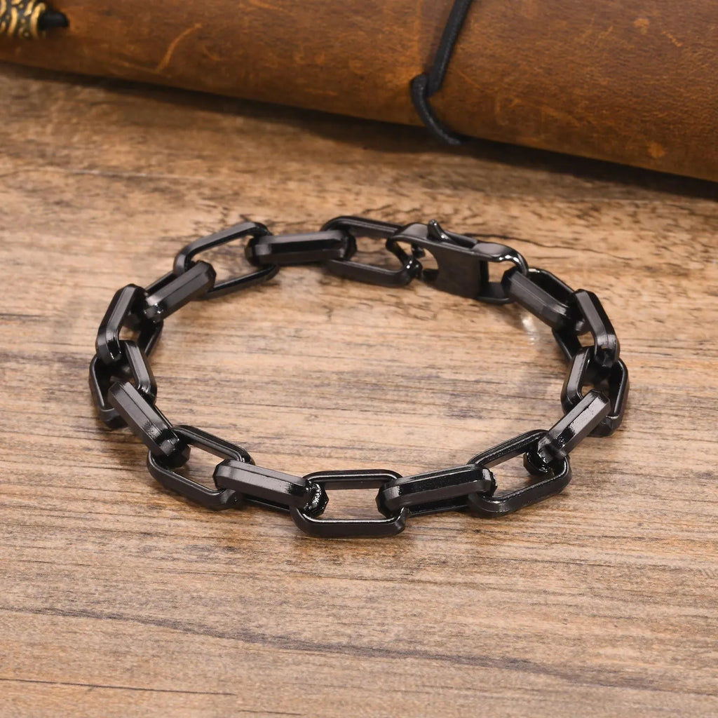 Men's simple square chain titanium steel bracelet in steel, gold, black, and retro electroplated colours.