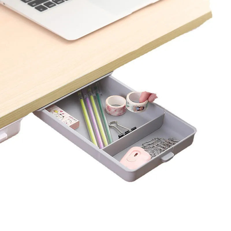 Adhesive under-table plastic storage box with covered lid and internal grid organisation