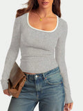 Women's cotton slim fit top with square collar and long sleeves in light grey, wine red, pink, navy blue or black