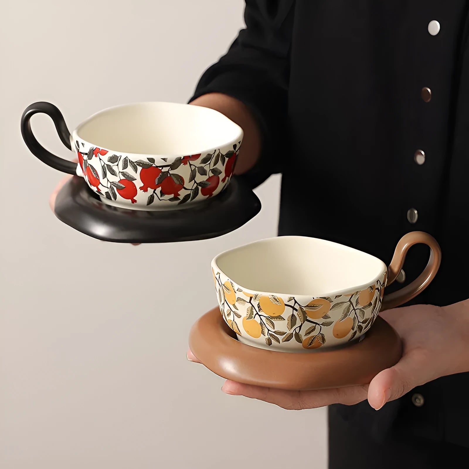 Antique style ceramic coffee cup and saucer set with Medieval design and 210ml capacity