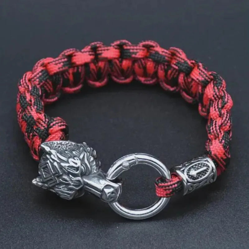 Wolf head stainless steel bracelet with Luen character design in camouflage colour on wrist