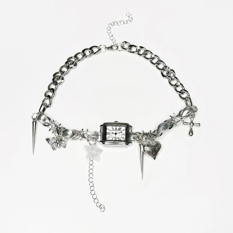 Dark style women's multi-layer clavicle necklace with adjustable hemp flower chain in alloy.