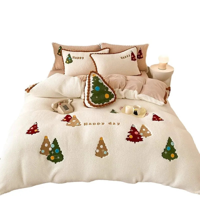 Bright yellow winter Christmas cartoon animation print on a fleece-lined four-piece bedding set