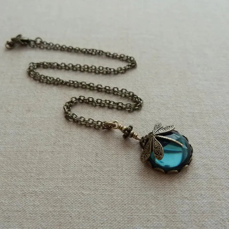 Yellow bronze dragonfly pendant necklace with 925 silver on chain