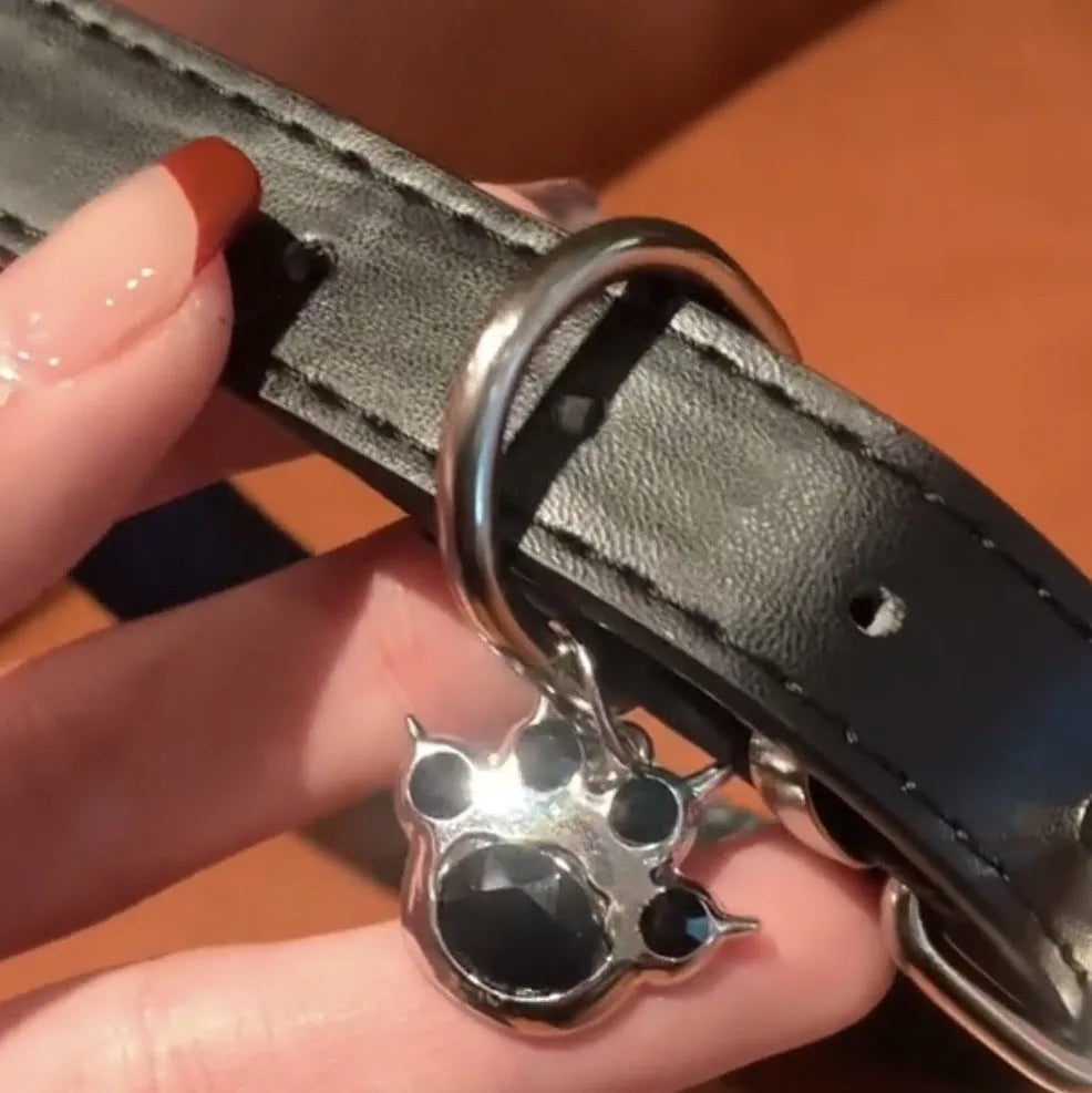 Black leather dog collar with chain in three designs: LD leather, bone pattern, or cat paw pattern