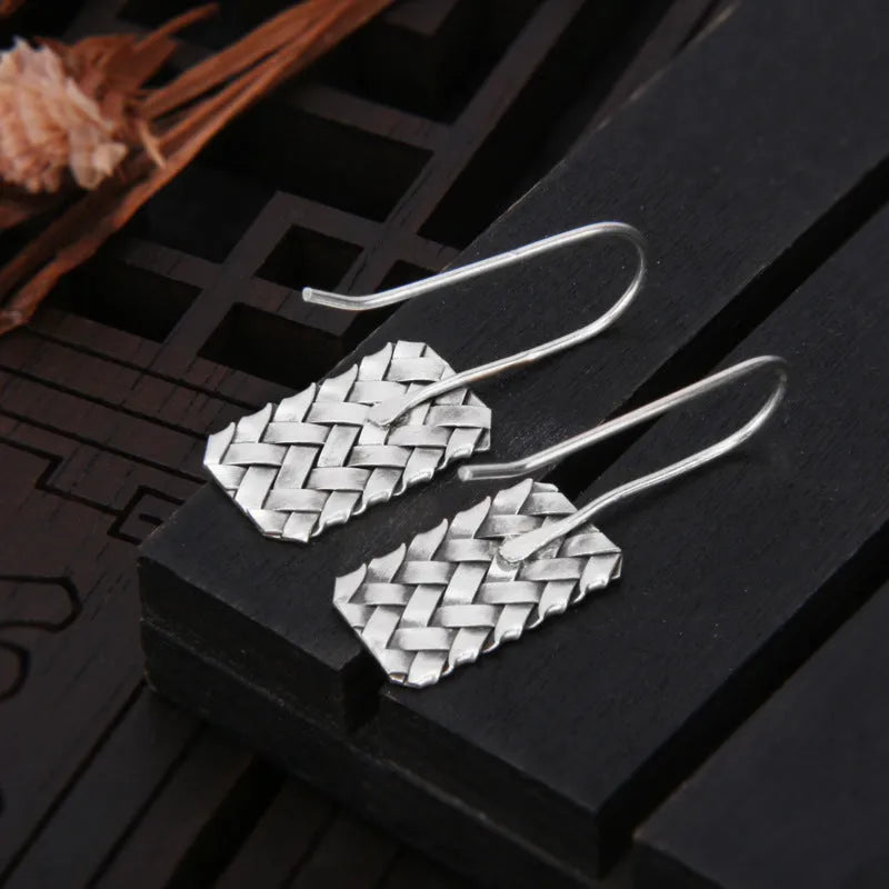 Silver geometric woven plaid earrings for women, made from 925 sterling silver.