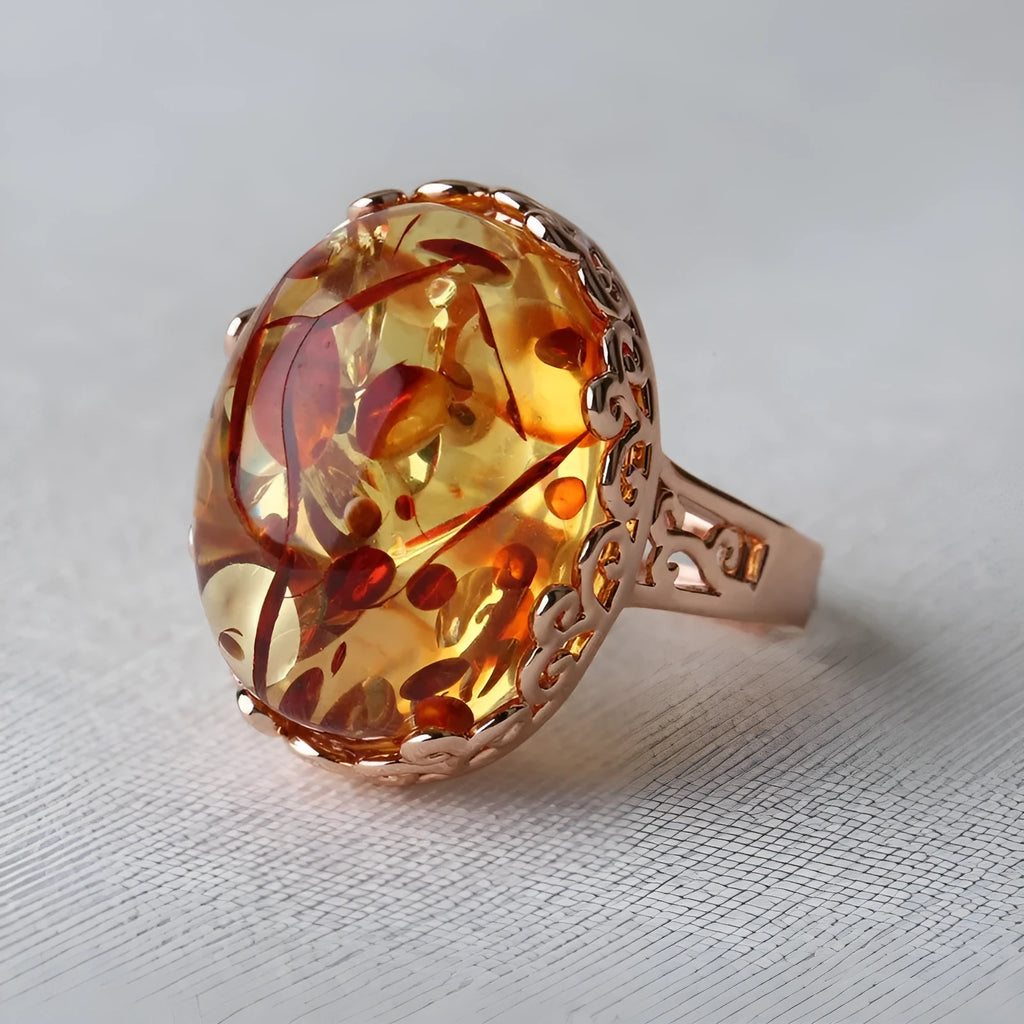 Unisex beeswax amber ring in New Amber Type A colour with retro ethnic style and alloy band
