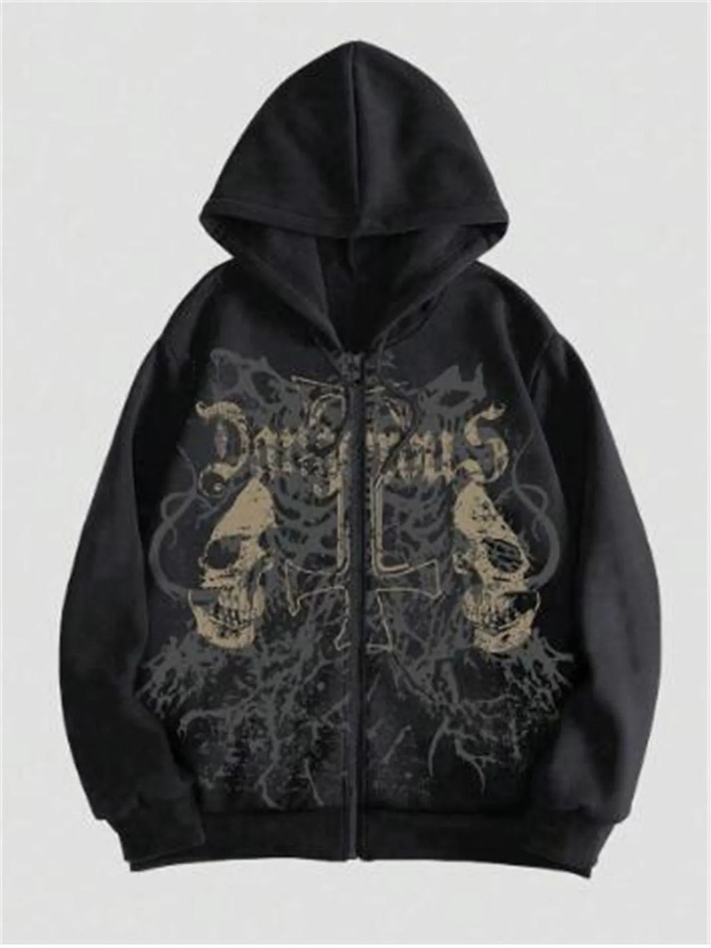 Man wearing a black hooded sweatshirt with a large green skull graphic print on the front.