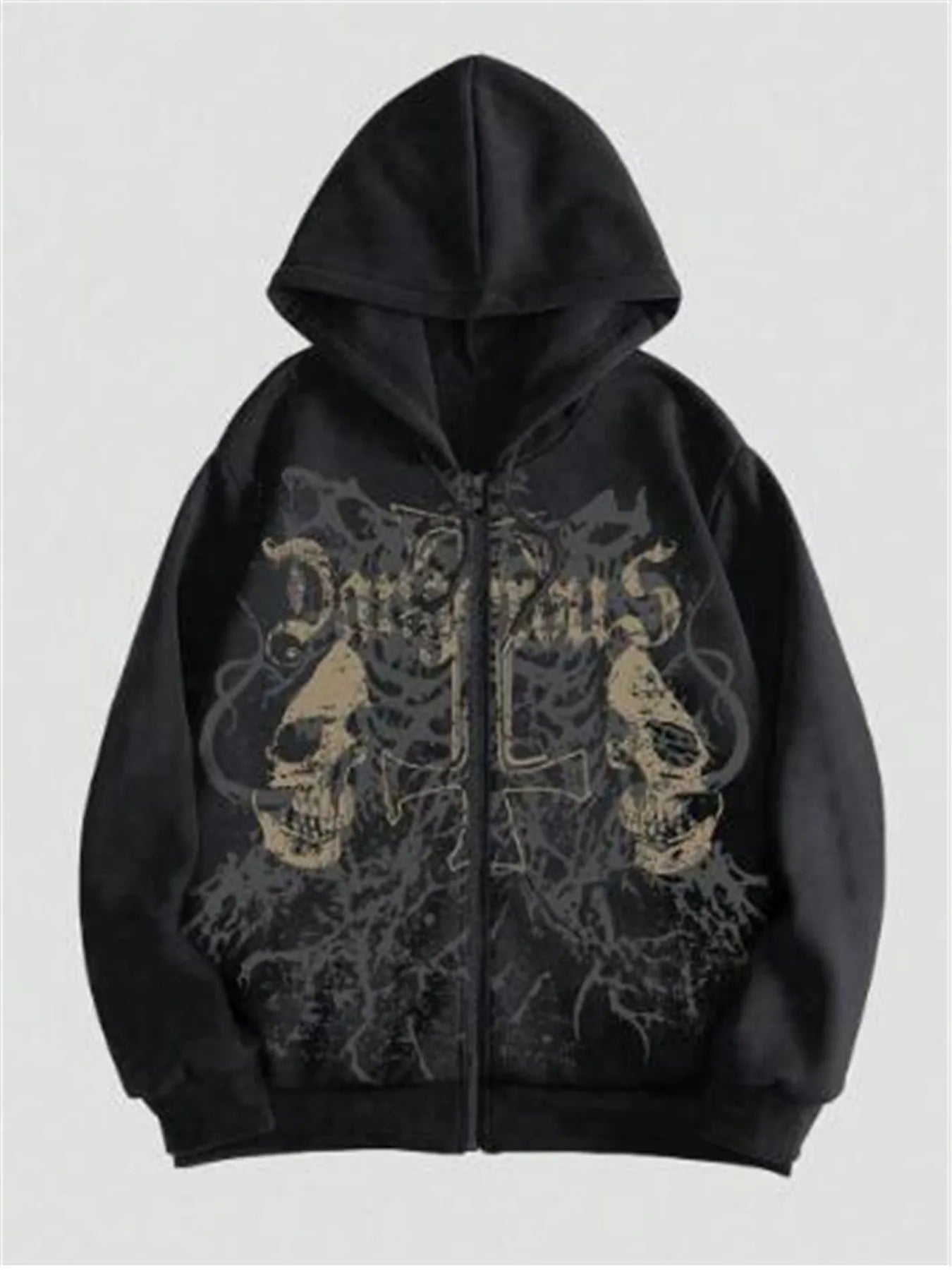Man wearing a black hooded sweatshirt with a large green skull graphic print on the front.