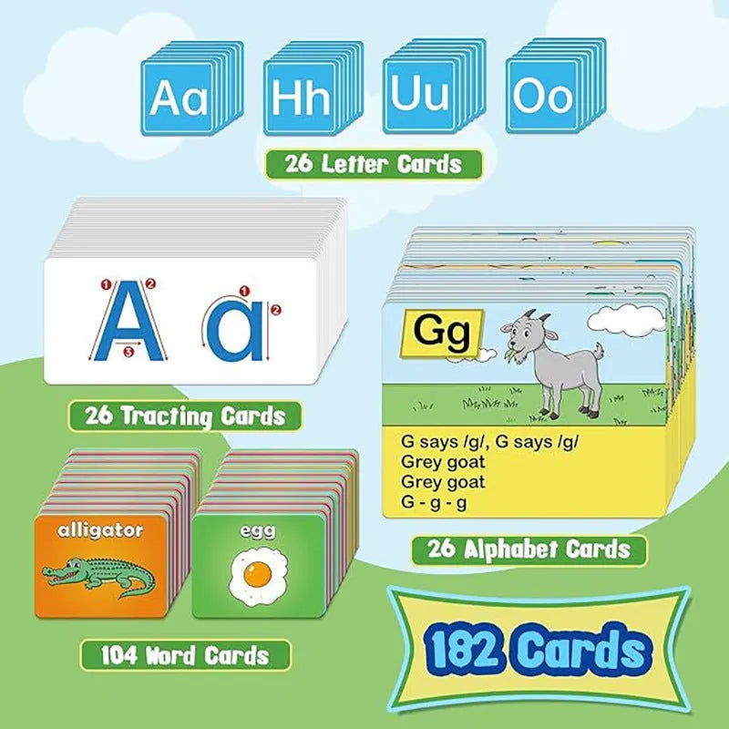 Alphabet learning chart with word cards, letter cards, and picture cards for children's education.