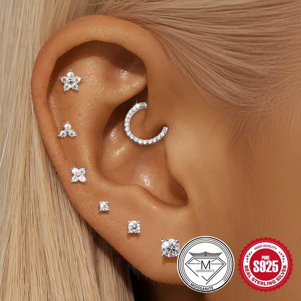 Platinum plated sterling silver geometric petal diamond stud earrings with clip-on fitting in multiple designs