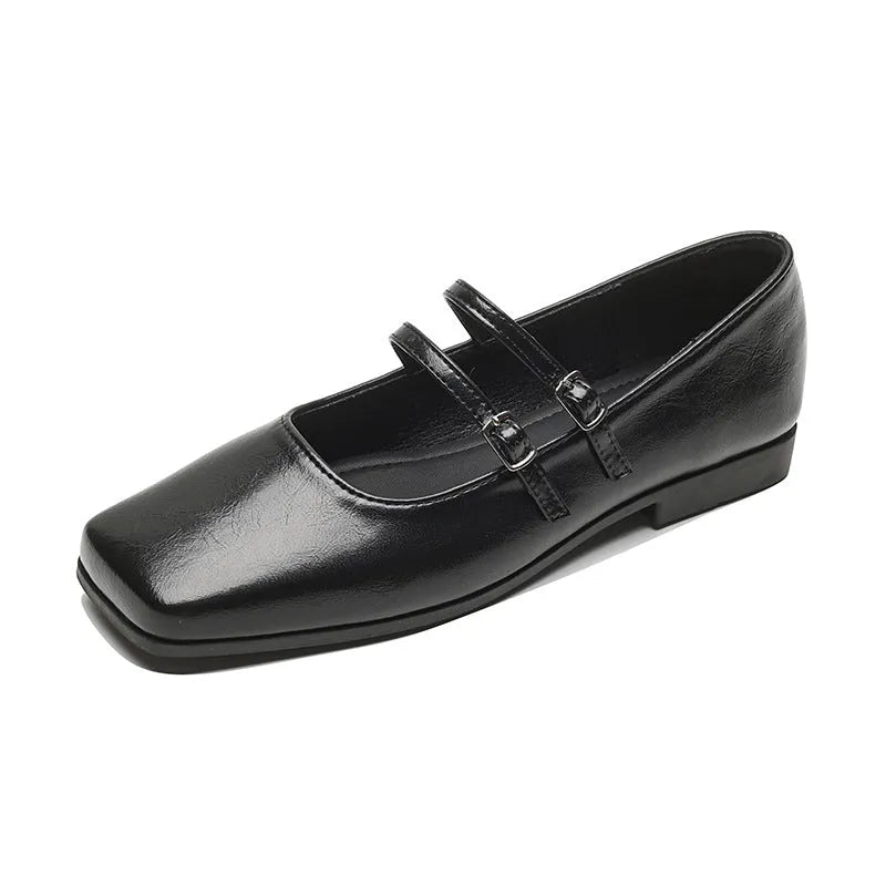 Women's silver leather cross buckle strap ballet slipper shoes with flat heel